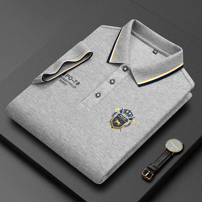 Men's Pure Color Mercerized Cotton Thin Cotton Lapel Embroidery T-shirt