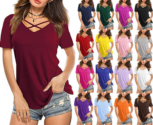 Front Cross VNeck Short Sleeve Loose TShirt Women