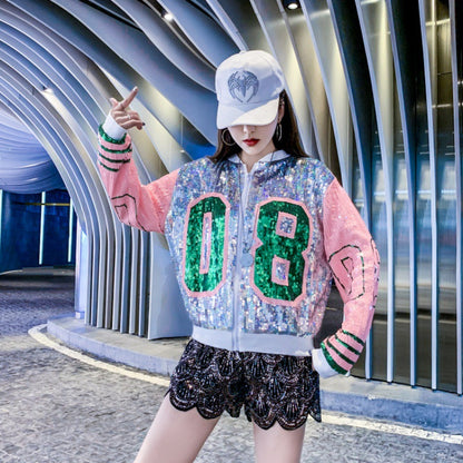 Women's Sequined Hip Hop Casual Loose Baseball Collar Jacket Coat