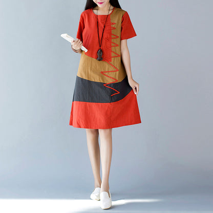 Loose Stitching Cotton And Linen Round Collar Short Sleeve Dress