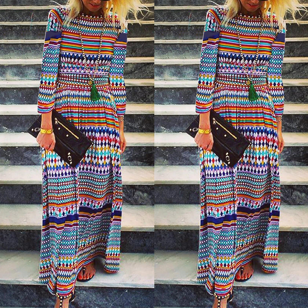 Collar Fashion Long Sleeve Printed Dress