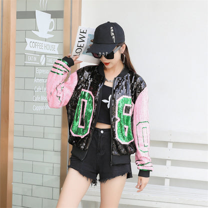 Women's Sequined Hip Hop Casual Loose Baseball Collar Jacket Coat