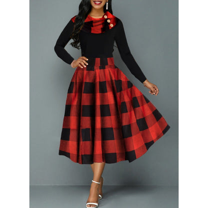 Women's Pile Collar Long-sleeved Plaid Stitching Dress