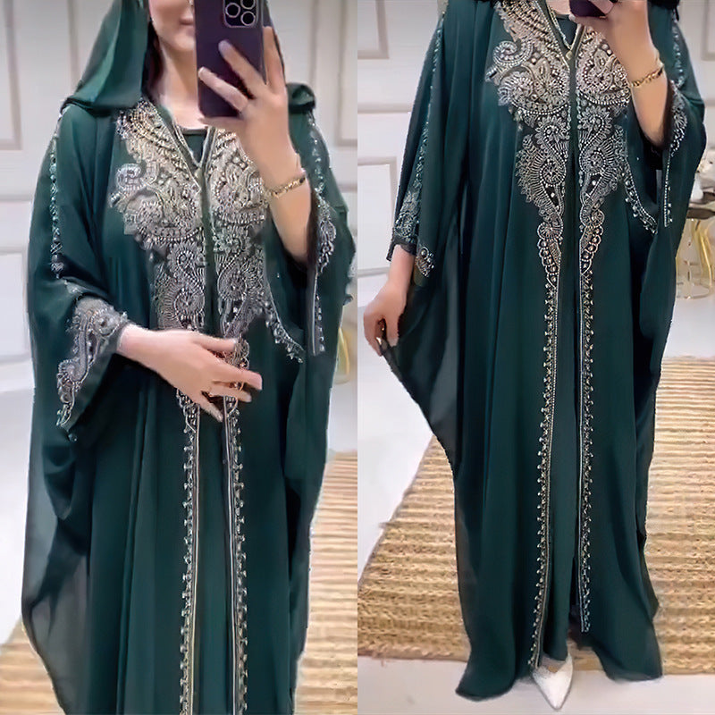 Rhinestone Beaded Muslim Long Gown African Hooded Dress