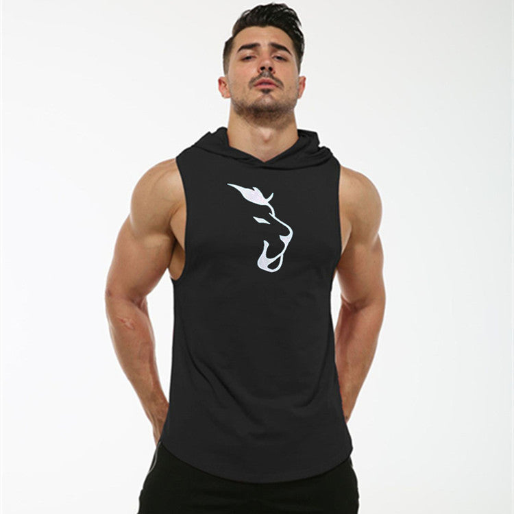 European And American Summer Hooded Curved Hem Elastic And Sweat-absorbing Wolf Head Printed Vest