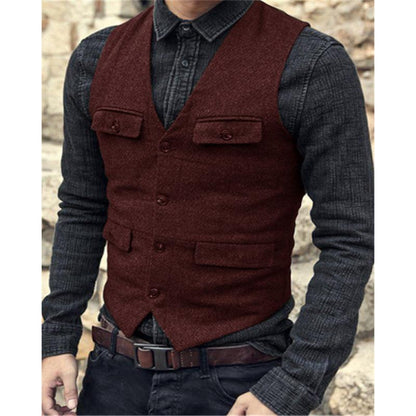 European And American Men's Vest Casual Solid Color Herringbone Vest