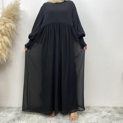 Muslim Simple Solid Color Pleated Elastic Chiffon Dress