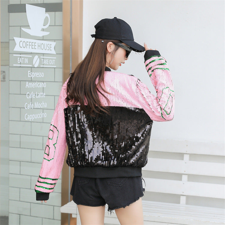 Women's Sequined Hip Hop Casual Loose Baseball Collar Jacket Coat