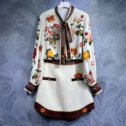 Printed Long-sleeved Shirt Mid-length Dress Set