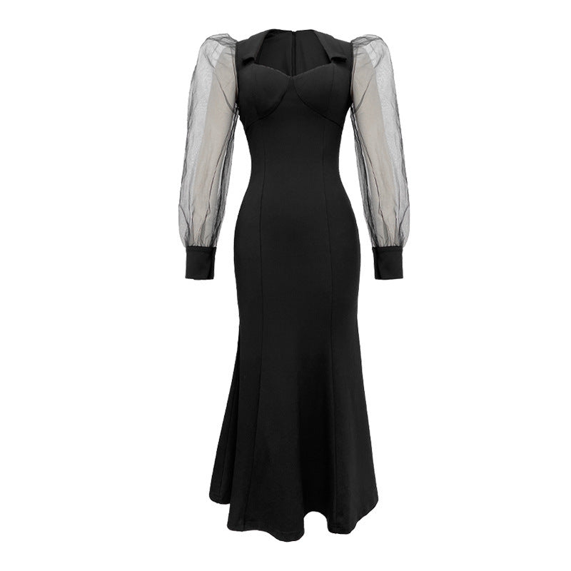 French Style Square Collar Long Dress For Women Hepburn Style Elegant Socialite Mesh Puff Sleeve Fishtail Dress