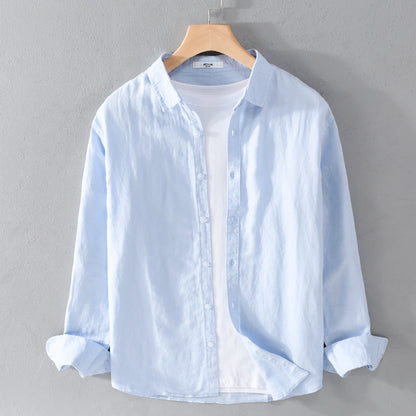 Men's New Cotton And Linen Long Sleeve White Art Versatile Casual Breathable Solid Color Linen Shirt