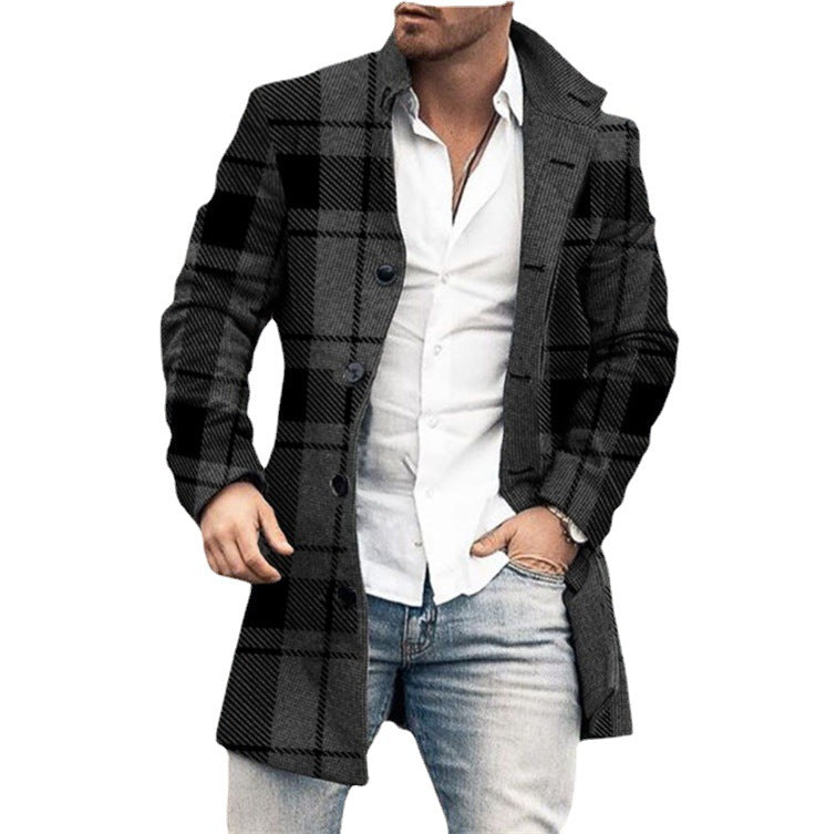 Fall Winter Men Woolen Stand Collar Mid-length Pocket Casual Coat