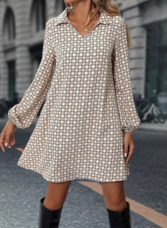 Long Sleeve Printed Polo Collar Dress Floral Dress