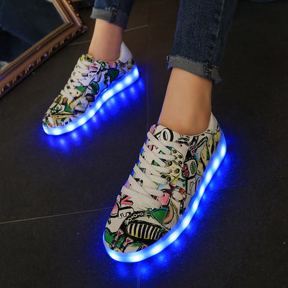 Factory Direct Supply Luminous Shoes Wholesale Colorful 11 Pattern Luminous Shoes LED Lights USB Charging Colorful Couple Board Shoes