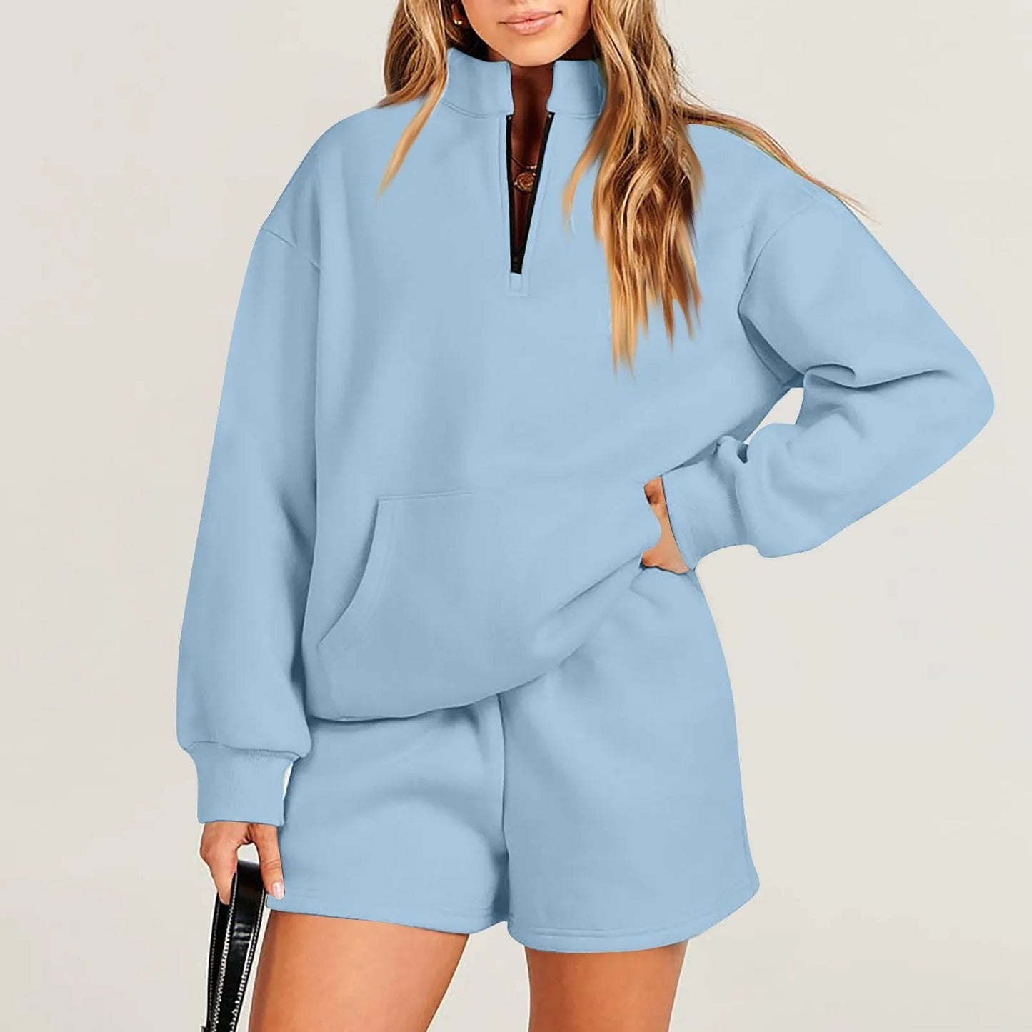 Women's Fashion Solid Color Stand Collar Half Zip Pullover Long Sleeve Sweater Shorts Suit