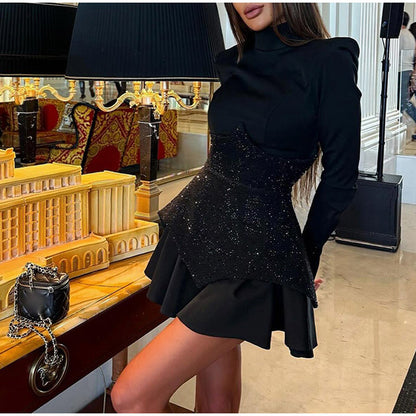 Sequin Black Mock-neck Padded Shoulder A- Line Mini Dress