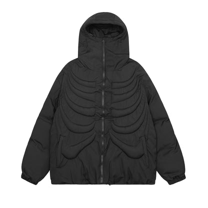 Dark Skull Skeleton Embossed Hooded Cotton-padded Jacket For Men