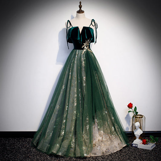 Banquet Sling Temperament Long Dress Dark Green Fantasy Mori