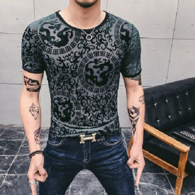 Men's Gold Velvet Ice Silk Cut-out Breathable Short Sleeve Round Neck T-shirt