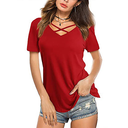 Front Cross VNeck Short Sleeve Loose TShirt Women