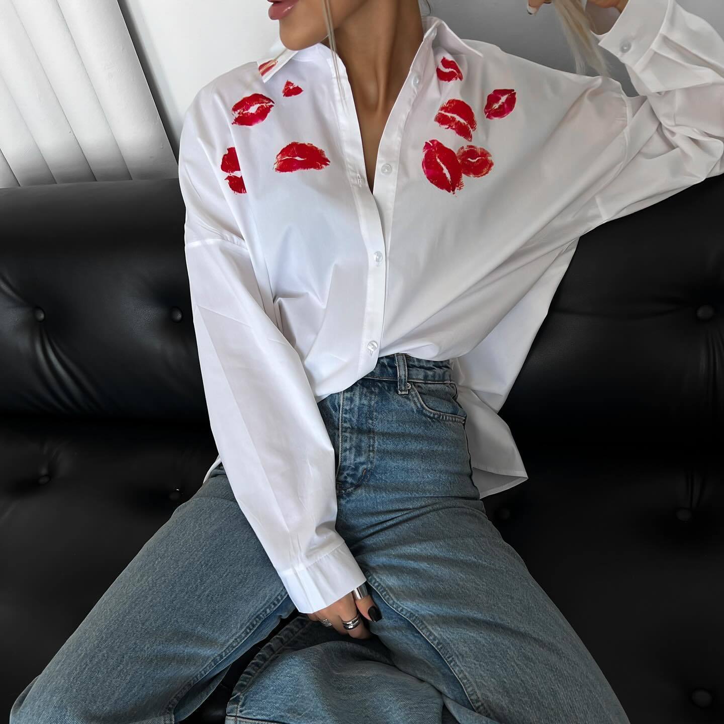 Women's Fashion Red Lips Printed White Shirt