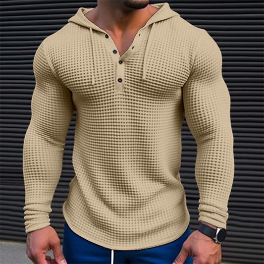 Men's Waffle Button Hoodie T-shirt Top Vacation Long Sleeve Casual Fashion