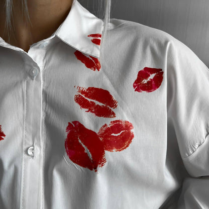 Women's Fashion Red Lips Printed White Shirt