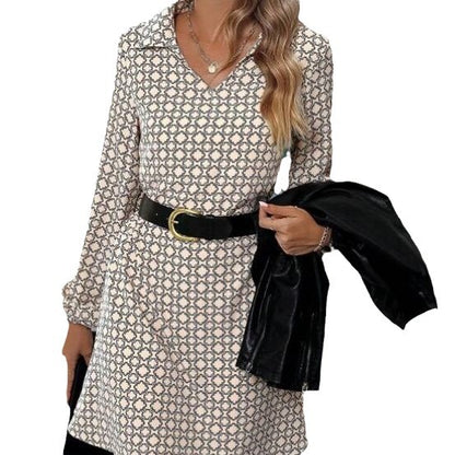 Long Sleeve Printed Polo Collar Dress Floral Dress