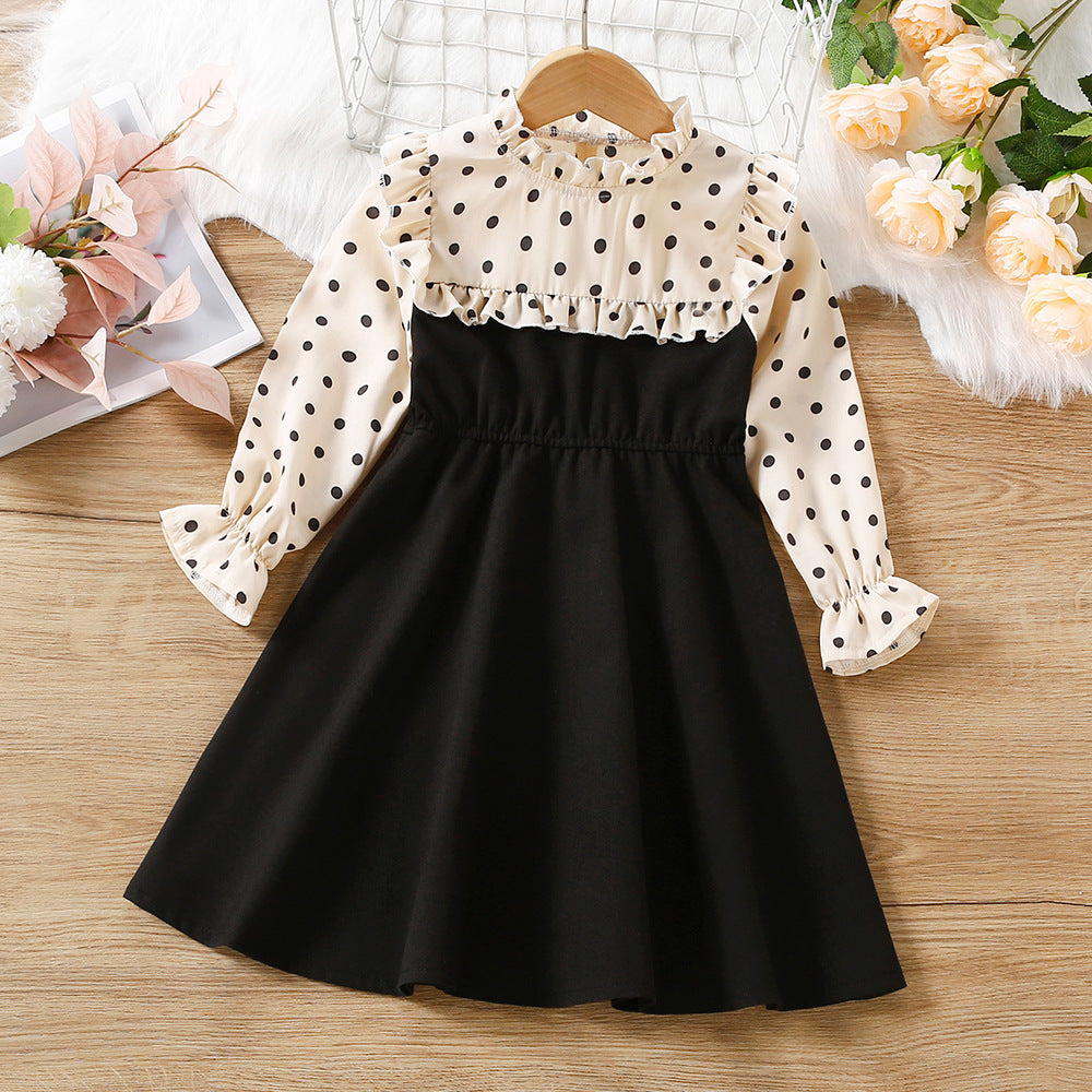 Autumn New Polka Dot Lace Collar Stitching Long Sleeve Dress