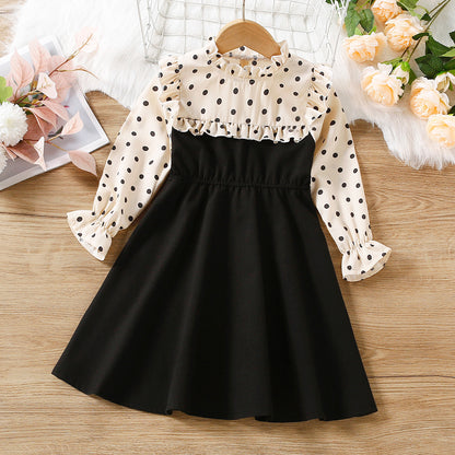 Autumn New Polka Dot Lace Collar Stitching Long Sleeve Dress