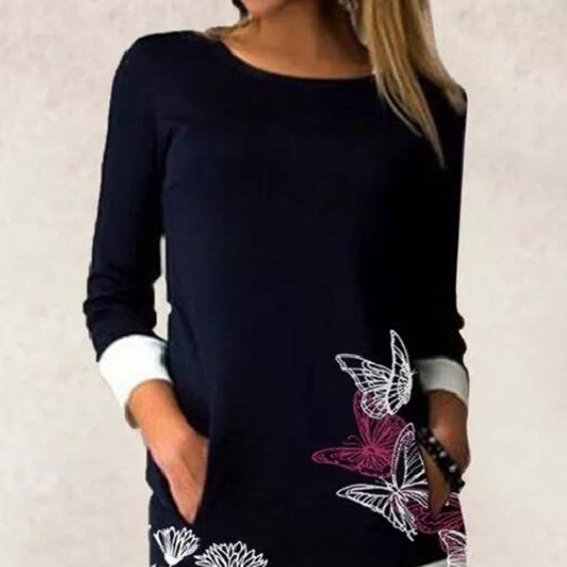 Round Neck Pocket Long Sleeve Stitching Printing Dress