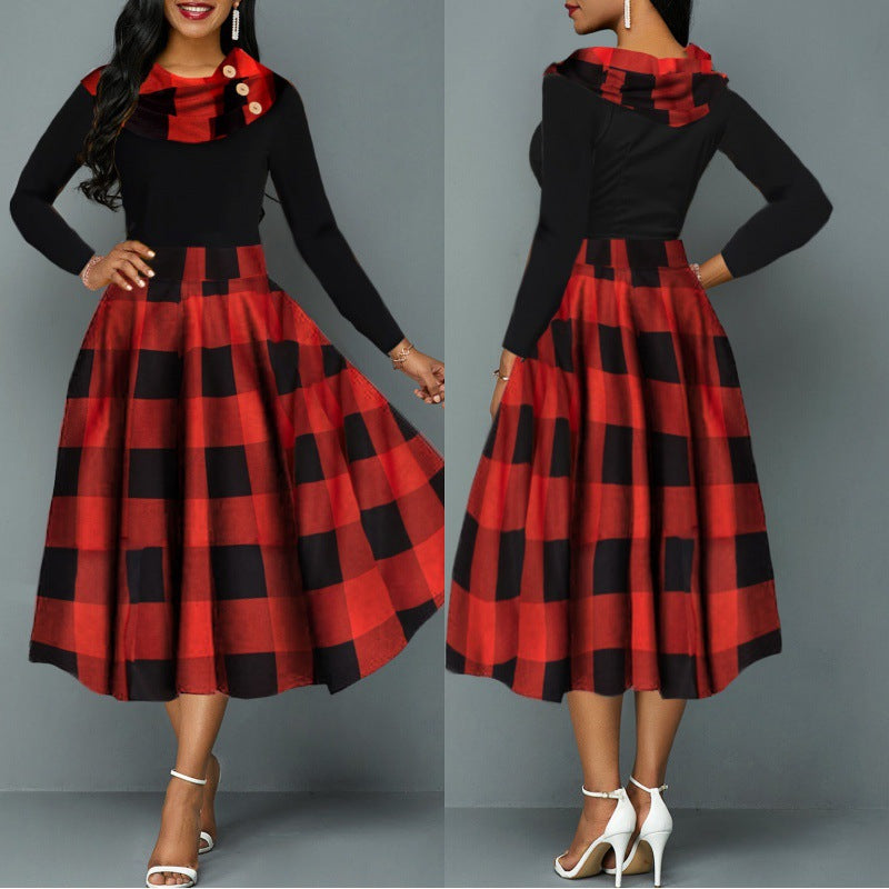 Women's Pile Collar Long-sleeved Plaid Stitching Dress