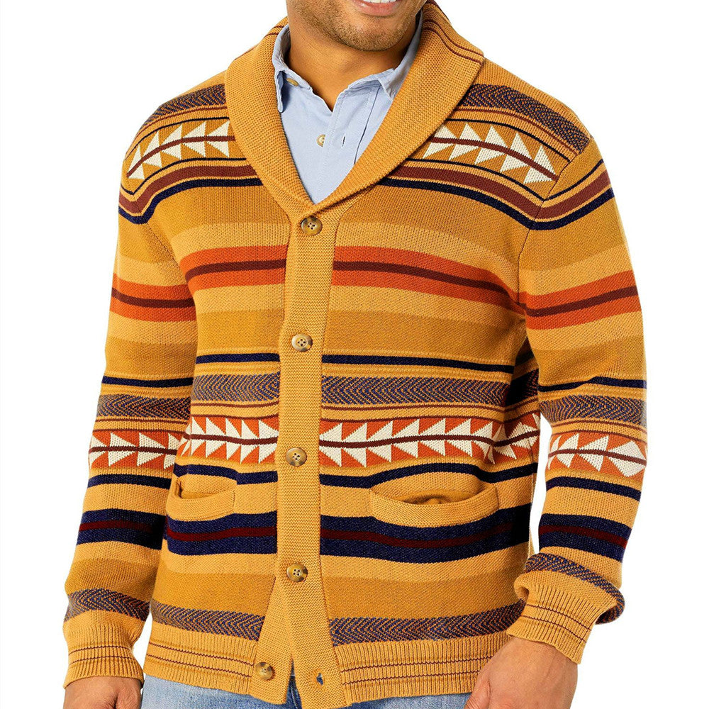 Contrasting Color Jacquard Knitted Cardigan Coat For Men