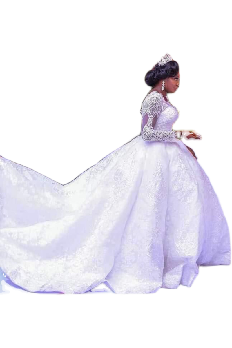 Lace African Wedding Dress Long Sleeves Round Neck Big Tail Tutu Skirt