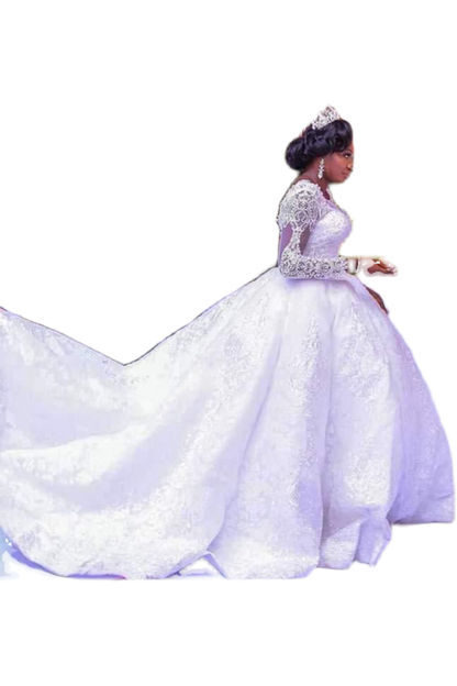 Lace African Wedding Dress Long Sleeves Round Neck Big Tail Tutu Skirt